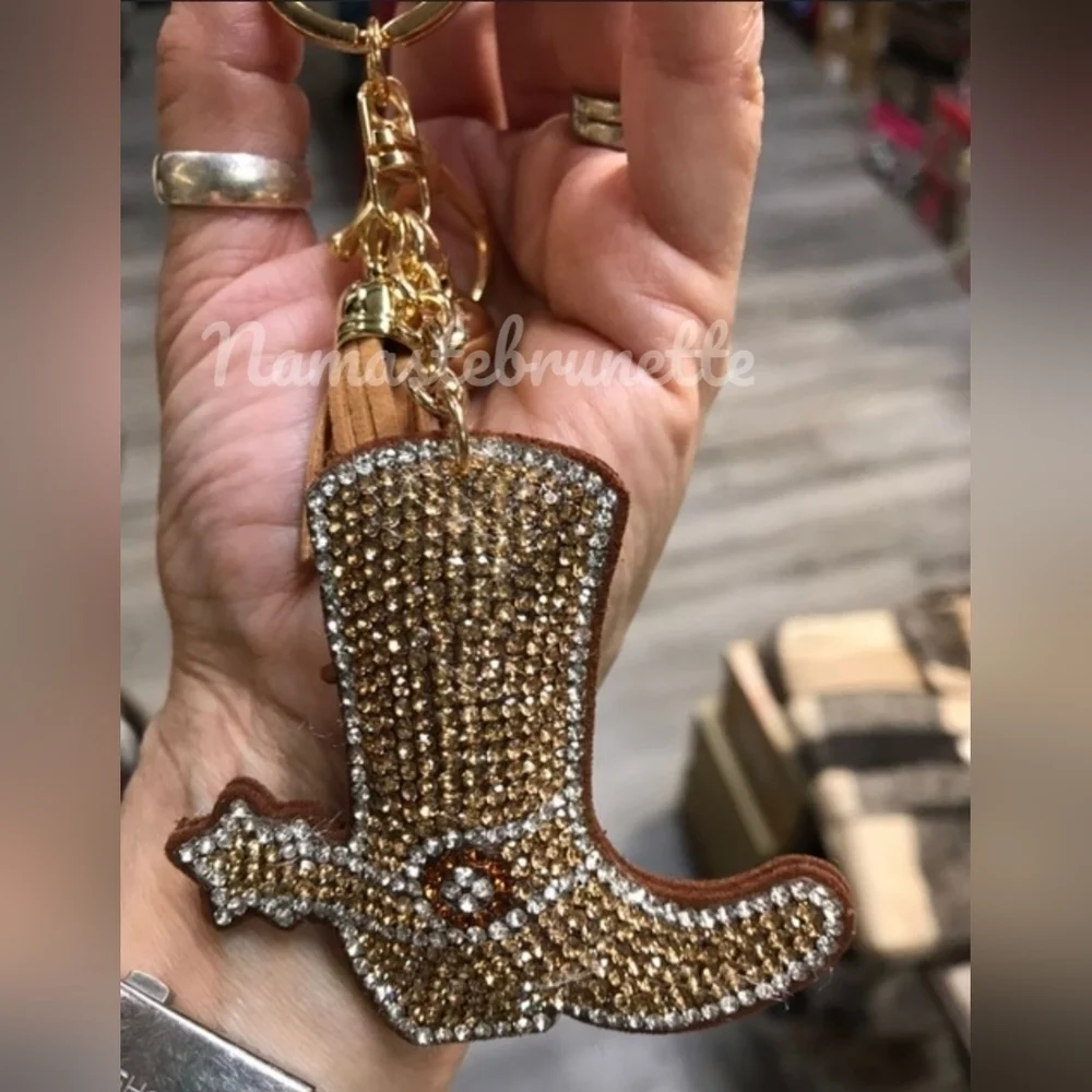 Western Boot Crystal Rhinestone Keychain Bag Charm With Tan Tassel